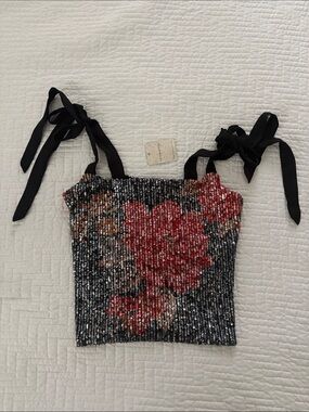 Free People Intimately Night Garden Black Sequin Floral Tie-Shoulder Crop Top